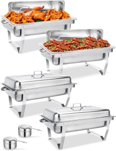 PURECHO Rectangular Chafing Dish Buffet Set, 4 Pack 8 Qt, Stainless Steel Chafer Full Size, Catering Food Warmer with Folding Frame, Ideal for Parties, Wedding, Festival Gathering 