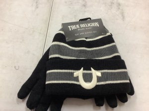 True Religion Beanie Hat and Gloves Set, Cuffed Winter Knit Cap 