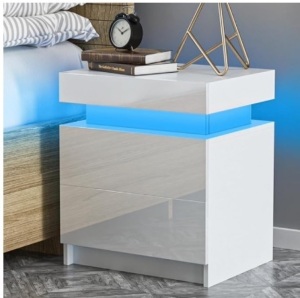 HOMMPA LED Nightstand White Nightstand with Led Lights Modern Night Stand with 2 High Gloss Drawers Led Bedside Table Smart Nightstand for Bedroom 20.5” Tall