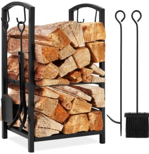 5-Piece Firewood Log Rack Holder Tools Set w/ Hook, Broom, Shovel, Tongs