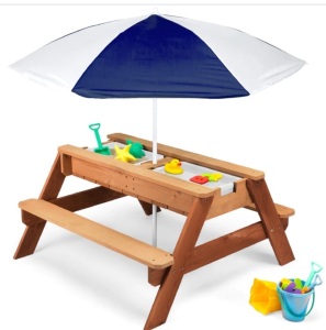 3-in-1 Kids Sand & Water Table Outdoor Wood Picnic Table w/ Umbrella