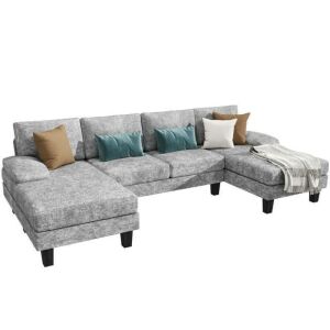 U-Shape Sectional Sofa with Chaise, Chenille Fabric, Gray 