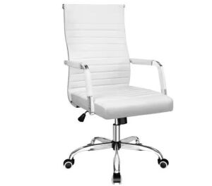 White Ribbed Mid-Back PU Leather Executive Task Chair with Arms 