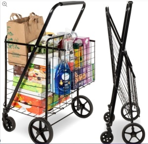 Folding Steel Grocery Cart w/ Double Basket, Swivel Wheels, 220lb Cap