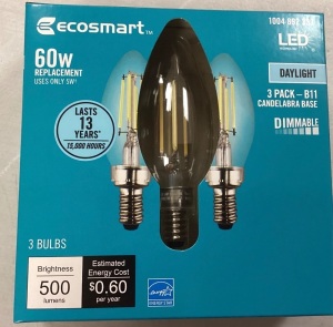 EcoSmart 60-Watt Equivalent B11 Dimmable Energy Star Clear Filament Vintage Style LED Light Bulb Daylight, 3 pack. box of 4