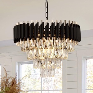 AXILIXI Modern Crystal Chandelier 20" Crystal Ceiling Pendant Light 4 Tiers Raindrop Flush Mount Chandelier Black and Gold Hanging Lamp Fixtures Round Chandelier for Entryway Foyer Dining Room