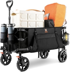 Navatiee Collapsible Folding Wagon, Heavy Duty Utility Beach Wagon Cart with Side Pocket and Brakes, Large Capacity Foldable Grocery Wagon for Garden Sports Outdoor Use, S1