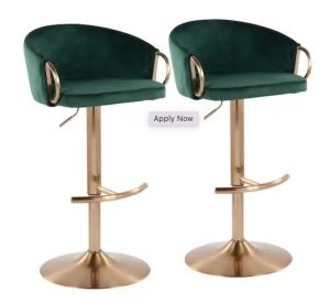 LumiSource Claire 42.25 in. Green Velvet and Gold Metal Adjustable Bar Stool, Set of 2