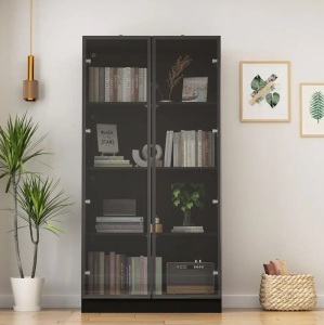 Black Wood 3-Shelf Bookcase with 3-Color LED Lights and Tempered Glass Doors 63 in. H x 31.5 in W