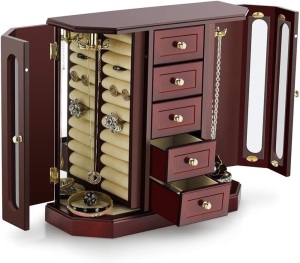 RR ROUND RICH DESIGN Jewelry Box - Made of Solid Wood with Cabinet Type 5 Drawers Organizer and 2 Separated Open Doors on 2 Sides and Large Mirror Brown