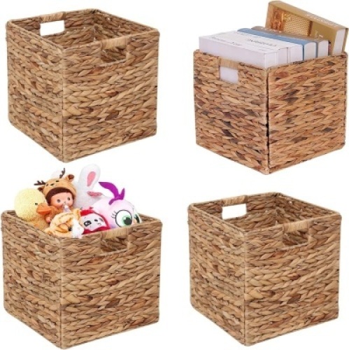 JGJCYO9 Storage Baskets Wicker Cube Baskets Foldable Handwoven Water Hyacinth Laundry Organizer,Set of 4 pcs Baskets-11x11x11inch