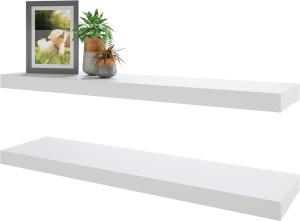 BAMEOS Floating Shelves, White Wall Mounted Wooden Shelves with Invisible Brackets Set of 2, Hanging Wall Shelves Decoration for Bedroom, Bathroom, Living Room and Kitchen