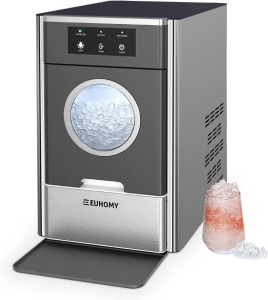 EUHOMY Nugget Ice Maker Countertop, Max 33lbs/24H, 2 Ways Water Refill, LED Light, Self-Cleaning Pebble Ice Maker with Basket and Scoop, for Home/Kitchen/Camping/RV. (Black Silver)