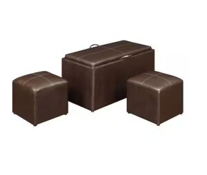 Designs4Comfort Sheridan Espresso Faux Leather Storage Bench with Reversible Tray and 2 Side Ottomans 