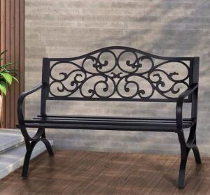 50 in. Black Butterfly Pattern Metal Outdoor Bench 