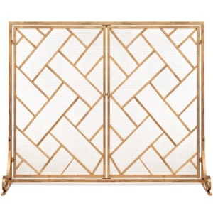 2-Panel Wrought Iron Geometric Fireplace Screen w/ Magnetic Doors - 44x33in 