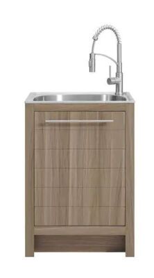 Glacier Bay All-In-One Stainless Steel 24 in Laundry Sink with Faucet and Storage Cabinet in Sandy Ash