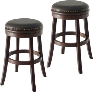 Furgle Swivel Barstools PU Leather w/ Brass Nailheads, Set of 2 