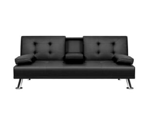 Black 66 in. Faux Leather Upholstered Convertible Folding Futon Sofa Bed 2 Cupholders