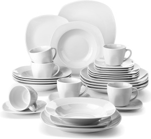 MALACASA 30-Piece Porcelain Dinnerware Set - Gray White Modern Dish Set for 6, Square Dishes Serving Plates Dishes Set, Plates and Bowls Sets, with Cups and Saucers - Series ELISA