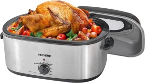 26 Quart Electric Roaster Oven with Visible & Self-Basting Lid, Large Turkey Defrost Warm Function, Adjustable Temperature, Removable Pan Rack, Stainless Steel, Silver