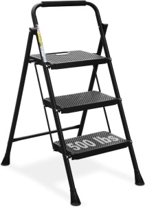 HBTower 3 Step Ladder, Folding Step Stool with Wide Anti-Slip Pedal, 500lbs Sturdy Steel Ladder, Convenient Handgrip, Lightweight, Portable Steel Step Stool, Black