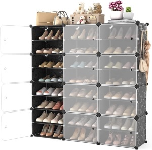 WEXCISE Portable Shoe Rack Organizer with Door, 48 Pairs Shoe Storage Cabinet Easy Assembly, Plastic Adjustable Shoe Organizer Stackable Detachable Free Standing Shoe Rack DIY Expandable 8 Tier Black