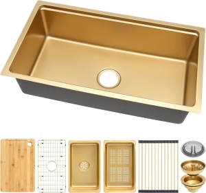 MILOSEN Gold Undermount Kitchen Sink 32×18 Inch, Stainless Steel Workstation Kitchen Sink, Single Bowl Kitchen Sinks with Kitchen Sink Strainer