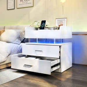 TC-HOMENY LED Nightstand with Voice-Activated Mode, Acrylic Float Nightstand with Charging Station, Side Table End Table with 2 Drawers (White)