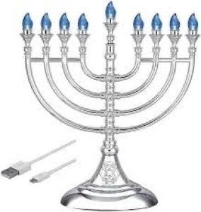 SILVER ELECTRO LED/USB MENORAH 6ct