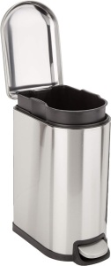 Amazon Basics Smudge Resistant Small D-Shaped Trash Can With Soft-Close Foot Pedal For Narrow Spaces, 10 Liter/2.6 Gallons, Brushed Stainless Steel