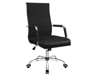 Black Ribbed Office Mid-Back PU Leather Executive Task Chair with Arms 