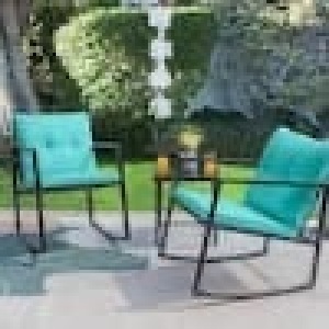 Black 3-Pieces Metal Wicker Outdoor Rocking Chair Bistro Conversation Set with Blue Cushions Depth  28.7 in Height  35 in Width . 23.5 in 