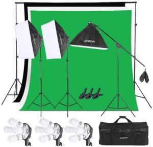 Andoer Photography Studio Softbox Lighting Kit with 6.5' x 10' Background Support System & 3pc Backdrops - Appears New 