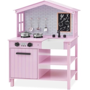 Kids Farmhouse Play Kitchen w/ Chalkboard, Storage Shelves, 5 Accessories  23"(L) x 13"(W) x 35.5"(H)