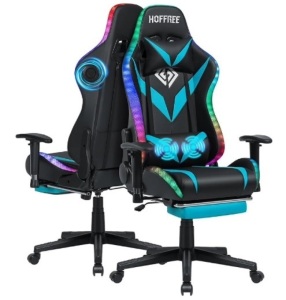 HOFFREE Gaming Chair with Bluetooth Speakers and Led Lights Massage Vide Game Chair with Footrest Reclining High Back Computer Gamer Chair Blue and Black