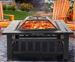 32" Wood Burning Fire Pit Table with Screen Lid, Black