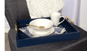 Kate and Laurel Lipton Decorative Tray with Polished Metal Handles, Navy Blue and Gold