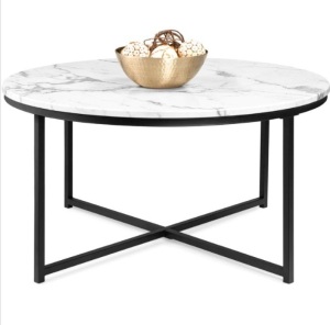 Round Coffee Table w/ Faux Marble Top, Metal Frame - 36in