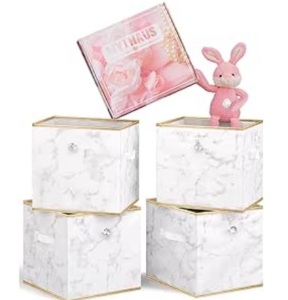 MYTHAUS Storage Cubes Fabric Bins - Foldable Cube Storage Bin,Closet Organizer with Decorative Knob,Dual Handles Storage Basket,13 Inch for Nursery/Home Office/Closet 4 Pack(White Marble) $30.99