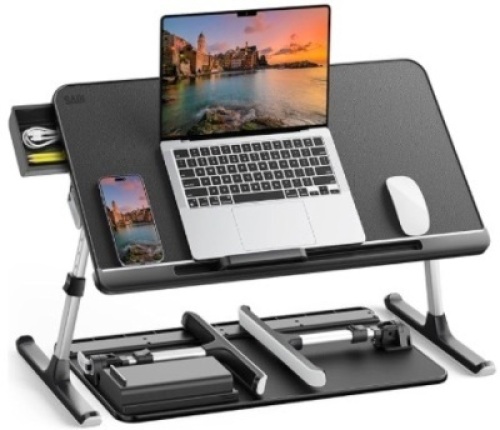 SAIJI Laptop Bed Tray Table, Adjustable PVC Leather Laptop Bed Table, Portable Standing Desk with Storage Drawer, Foldable Lap Tablet Table for Sofa Couch Floor (Dark Black)
