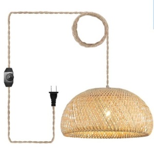 Bamboo Large Plug in Pendant Light with 14ft Handmade Woven Light Cord, Dimmable Switch, Rustic Basket Hanging Lamp for Bedroom Kitchen Island Farmhouse Dining Room Living Room,17.8 inch Width 