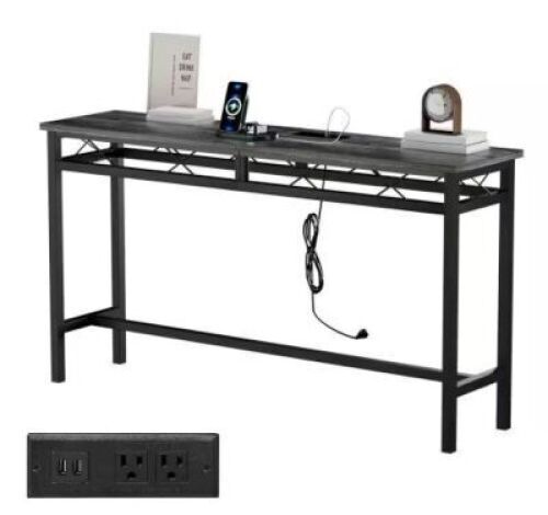 55 in. Narrow Console Table with Power Outlet and USB Ports, Metal Frame, Black&nbsp;