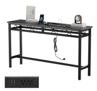 55 in. Narrow Console Table with Power Outlet and USB Ports, Metal Frame, Black&nbsp;