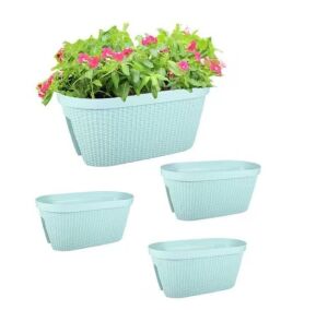 Aoodor 19.6 in. Light Blue Plastic Rattan Pattern Balcony Railing Planter Box, 4 Pack 