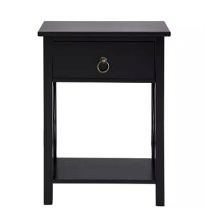 12 in. Black Rectangle Wood End Table with Drawer and Shelf 