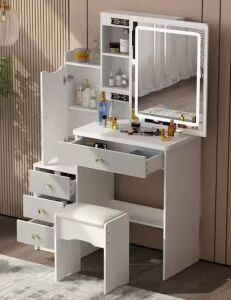 4-Drawers White Wood Vanity Dressing Table Set with Stool, Mirror, LED Light, Door and Storage Shelves 