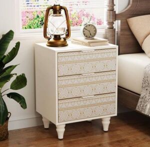 Mayville White 3-Drawer Nightstand with Bohemian Patterns 