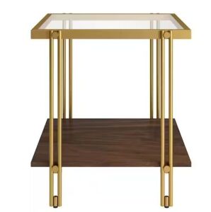 Inez 20 in. Brass/Walnut Square Glass Top Side Table with and MDF Shelf 