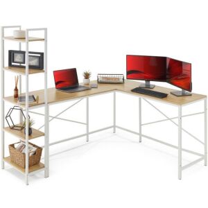 Lot of (5) L-Shaped Computer Desk, Study Workstation w/ 5-Tier Open Storage Bookshelf